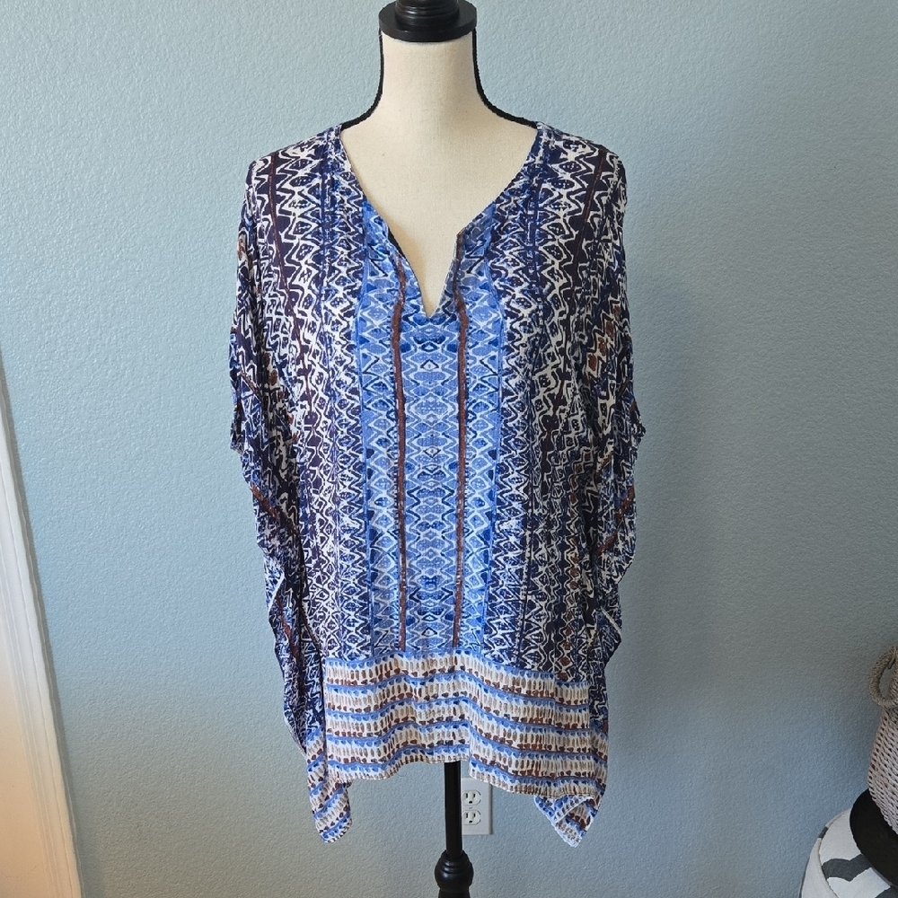 ZOZO Blue Aztec Geometric Print Tunic Poncho Sz LARGE V-Neck Butterfly Sleeves
